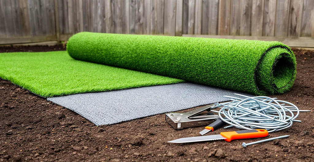 Rouleau de gazon synthétique en cours de déroulement sur sol préparé avec géotextile visible
