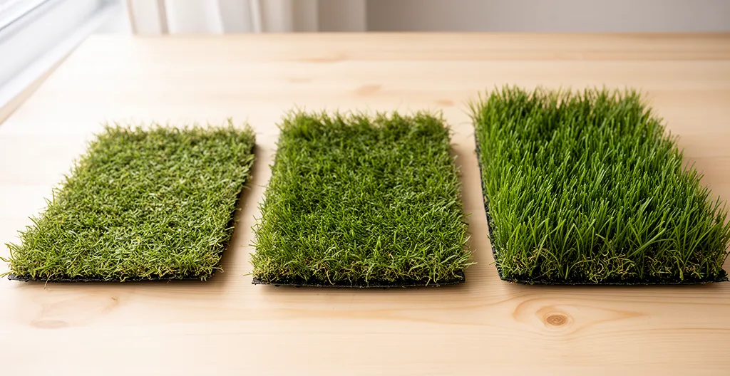 Trois échantillons de gazon synthétique de différentes hauteurs posés côte à côte